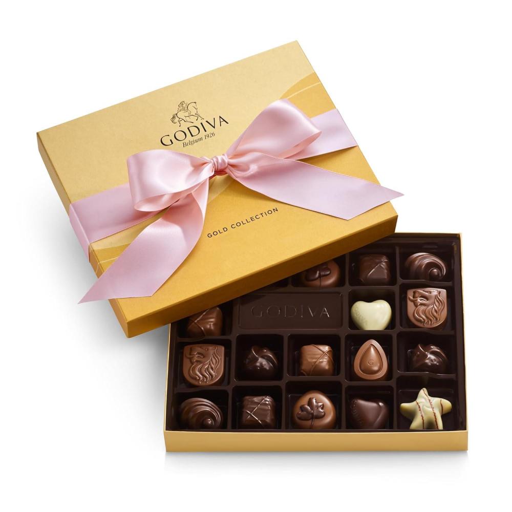 imageGodiva Gold Milk Chocolate Gift Box Belgian Milk Chocolates with Pralins Ganaches ampamp Caramels Gourmet Gift for Birthdays Holidays NonGMO ampamp Kosher 15 PcPink Ribbon