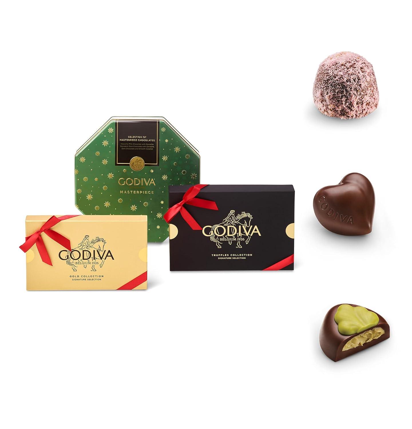 imageGodiva Holiday Tower with Red Ribbon Includes Truffle Gift Box Gold Chocolate Gift Box ampamp Masterpiece Holiday Tin Gourmet Chocolate Assortment Kosher ampamp Halal