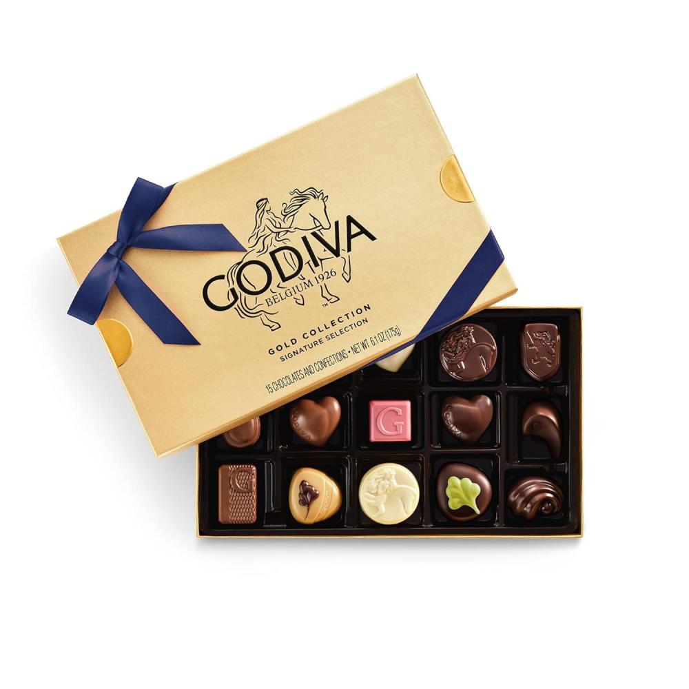 imageGodiva Navy Bow Gold Assorted Chocolate Gift Box Dark and Milk Chocolates with Pralins Ganaches ampamp Caramels Gourmet Hanukkah Gift NonGMO ampamp Kosher 30 PcNavy Bow Assorted