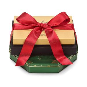 Godiva Holiday Tower with Red Ribbon, Includes Truffle Gift Box, Gold Chocolate Gift Box & Masterpiece Holiday Tin, Gourmet Chocolate Assortment, Kosher & Halal