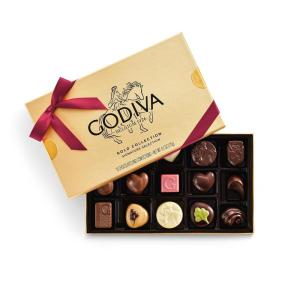 Godiva Navy Bow Gold Assorted Chocolate Gift Box, Dark and Milk Chocolates with Pralinés, Ganaches & Caramels, Gourmet Hanukkah Gift, Non-GMO & Kosher, 30 Pc(Wine Bow – Assorted)
