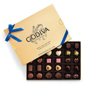 Godiva Navy Bow Gold Assorted Chocolate Gift Box, Dark and Milk Chocolates with Pralinés, Ganaches & Caramels, Gourmet Hanukkah Gift, Non-GMO & Kosher, 30 Pc(Blue Bow – Assorted)
