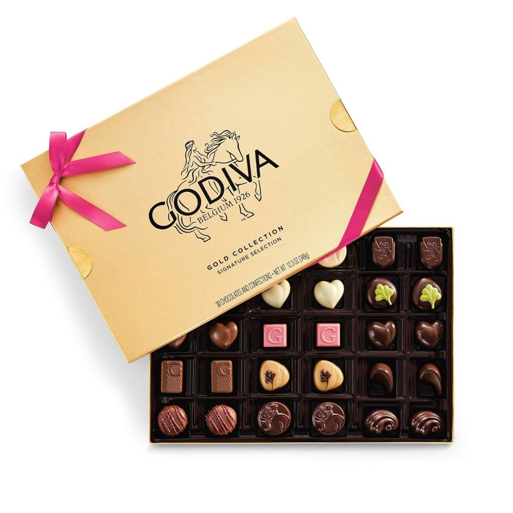 image:imageGodiva Gold Assorted Chocolate Gift Box Belgian Dark amp Milk Chocolates with Pralins Ganaches amp Caramels Gourmet Easter Gift Box Kosher Azalea Pink Ribbon 30 Pc