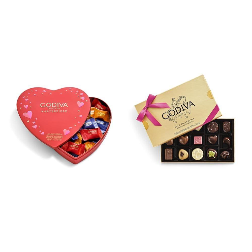 image:imageGodiva Chocolate Assorted Masterpiece Heart Tin 20 Pc Gold Assorted Chocolate Gift Box Azalea Pink Ribbon 15 Pc Mothers Day Bundle